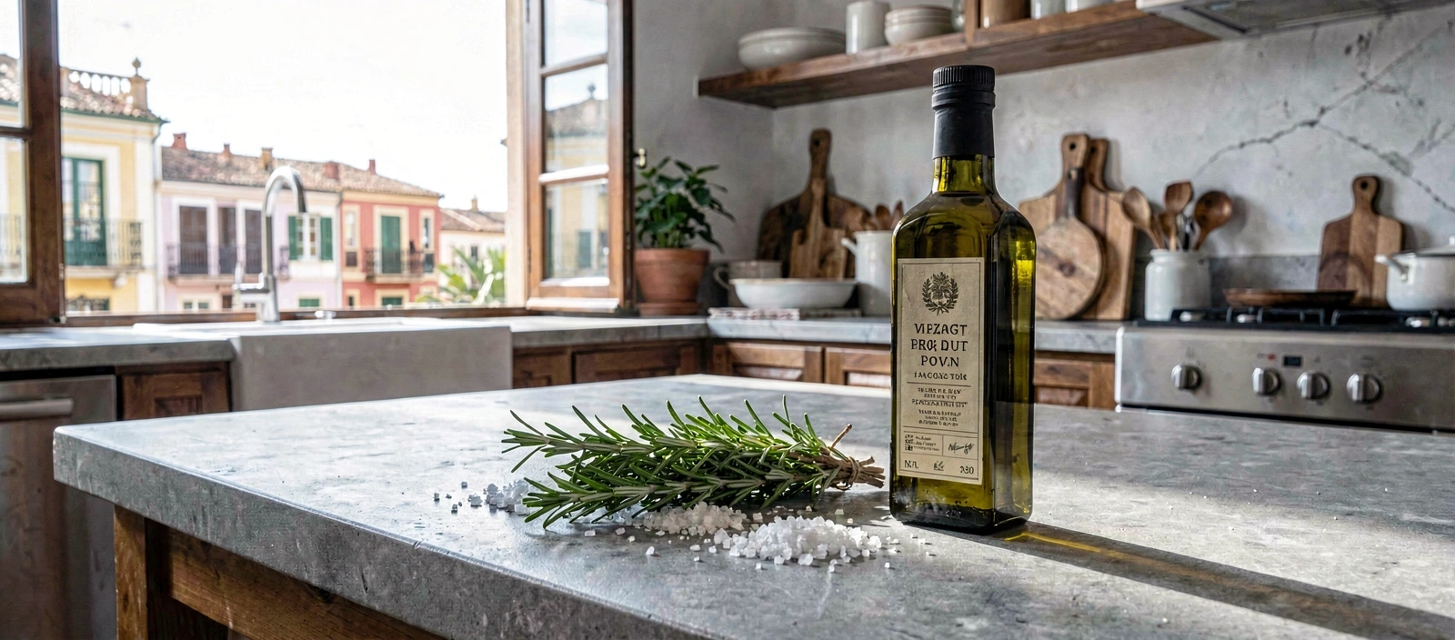 Mesa de cocina mediterránea con aceite de oliva y hierbas